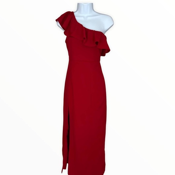 Show Me Your MuMu Florentine red stretch one shoulder ruffle midi dress - Picture 12 of 12